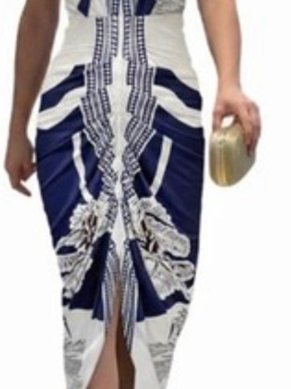 Commense Navy and White Midi Dress with Front Slit